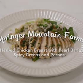 Herbed Chicken Breast with Pearl Barley, Spicy Greens, and Pecans