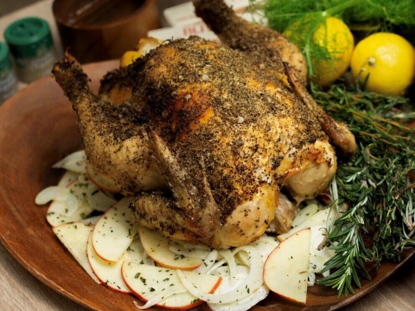 Whole Roasted Chicken With Herbs and Pink Lady Apples