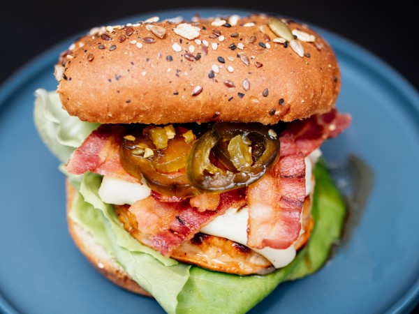 Cherry Jalapeno Glazed Chicken Bacon Brie Burger