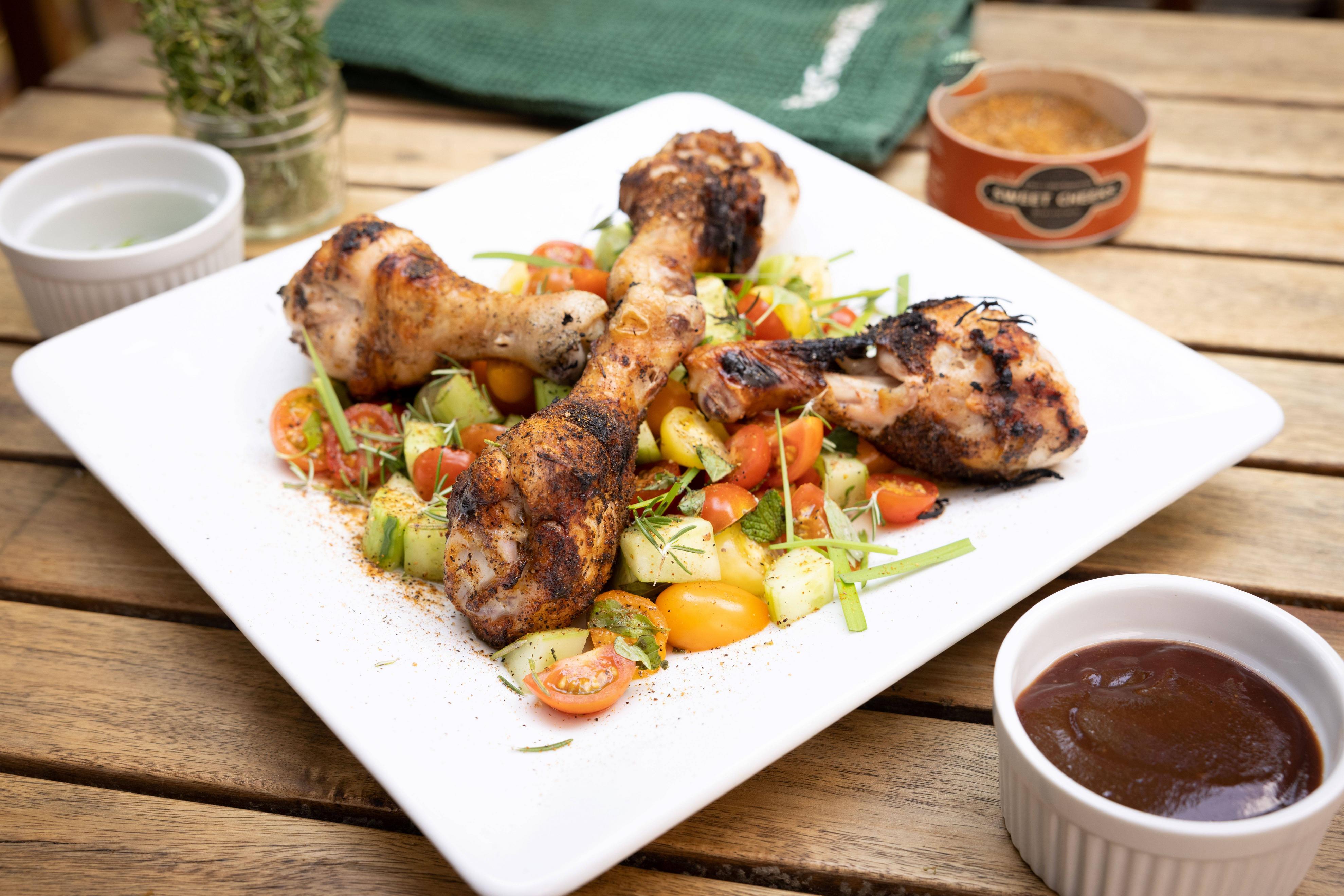 Grilled Chicken Drumsticks with Tomato Cucumber Salad