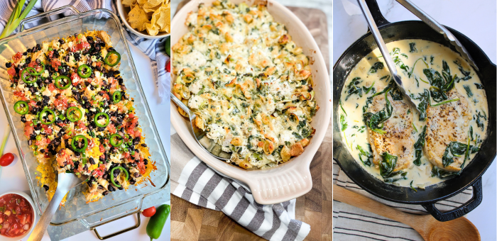 Healthier chicken recipes including nacho bowl casserole, spinach and artichoke chicken bake, and creamy chicken Florentine