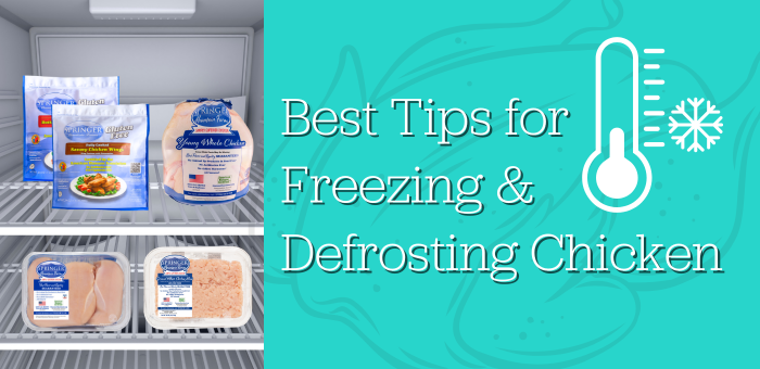 Freezer shelf stocked with packaged chicken products next to graphic text reading ‘Best Tips for Freezing & Defrosting Chicken’ with a thermometer and snowflake icon.