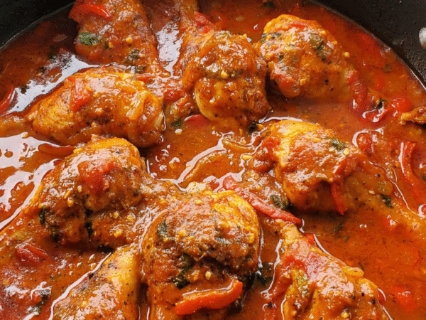Authentic Italian chicken cacciatore made with Springer Mountain Farms drumsticks simmered in a rich tomato sauce with peppers, onions, and herbs.