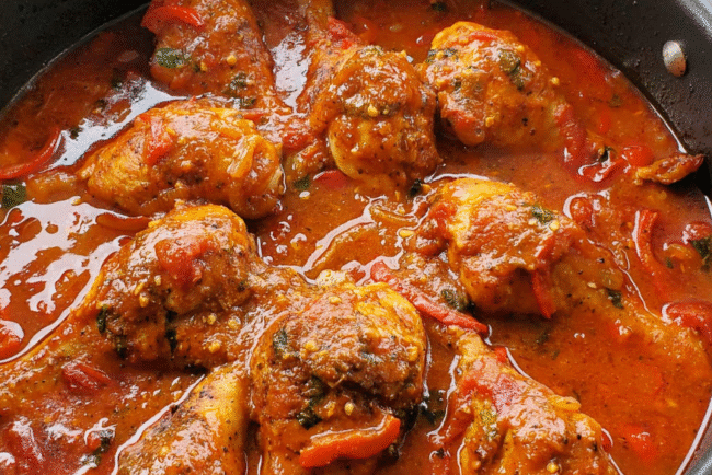 Authentic Italian chicken cacciatore made with Springer Mountain Farms drumsticks simmered in a rich tomato sauce with peppers, onions, and herbs.