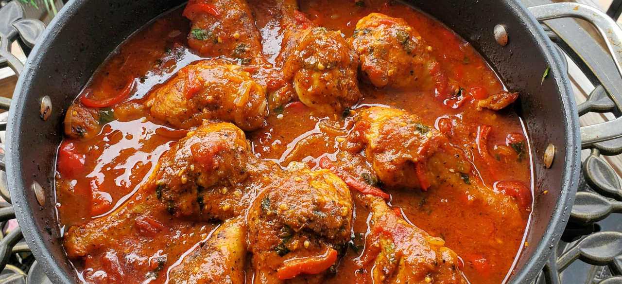 Authentic Italian chicken cacciatore made with Springer Mountain Farms drumsticks simmered in a rich tomato sauce with peppers, onions, and herbs.