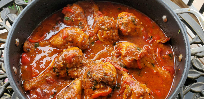 Authentic Italian chicken cacciatore made with Springer Mountain Farms drumsticks simmered in a rich tomato sauce with peppers, onions, and herbs.