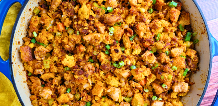 Chicken and Chorizo Cornbread Dressing made with Springer Mountain Farms chicken thighs, spicy chorizo, jalapeños, and golden cornbread — flavorful Southern holiday stuffing recipe.