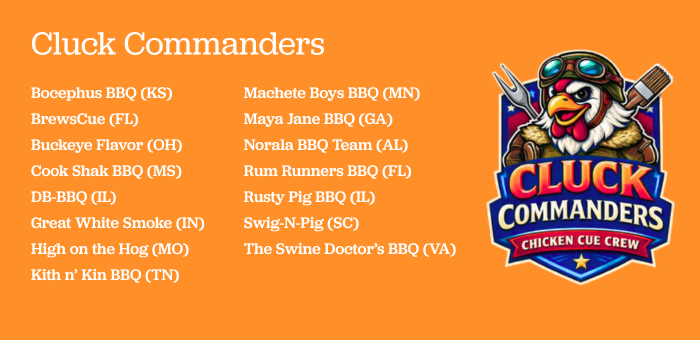 Graphic titled “Cluck Commanders – Springer Mountain Farms Chicken Cue Crew” featuring an illustrated chicken commander logo on an orange background and a list of 15 BBQ competition teams from across the U.S., including Bocephus BBQ, BrewsCue, Buckeye Flavor, Cook Shak BBQ, DB-BBQ, Great White Smoke, High on the Hog, Kith n’ Kin BBQ, Machete Boys BBQ, Maya Jane BBQ, Norala BBQ Team, Rum Runners BBQ, Rusty Pig BBQ, Swig-N-Pig, and The Swine Doctor’s BBQ.