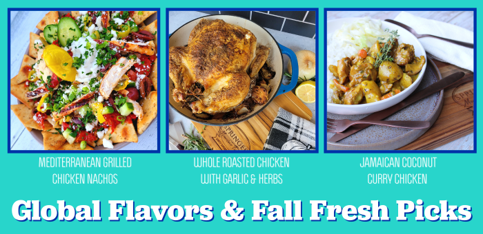 Collage of globally inspired chicken recipes featuring Mediterranean Grilled Chicken Nachos, Whole Roasted Chicken with Garlic and Herbs, and Jamaican Coconut Curry Chicken.