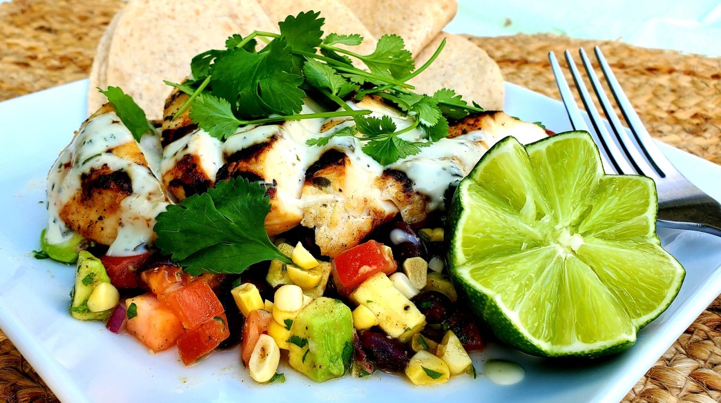 Grilled Tequila Lime Chicken with Corn, Avocado, Tomato & Black Bean Salad and Avocado Crema