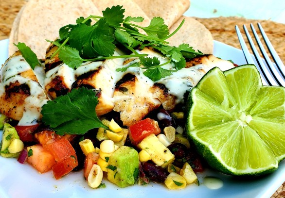 Grilled Tequila Lime Chicken with Corn, Avocado, Tomato & Black Bean Salad and Avocado Crema