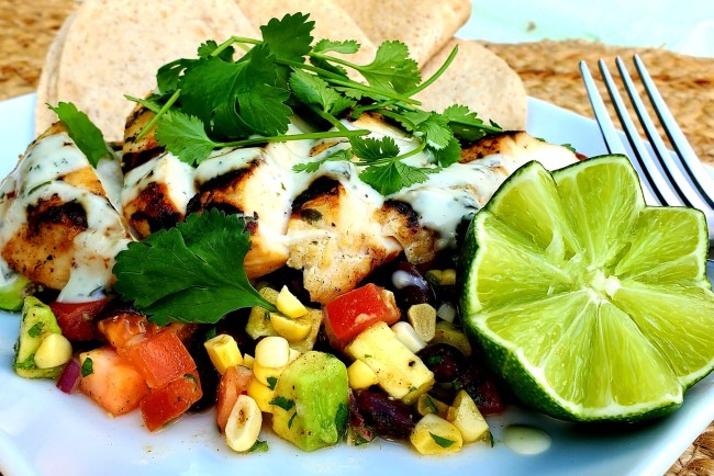 Grilled Tequila Lime Chicken with Corn, Avocado, Tomato & Black Bean Salad and Avocado Crema