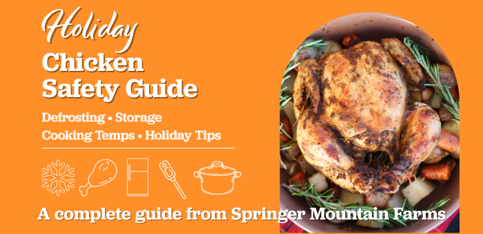 Holiday Chicken Safety Guide graphic with icons for defrosting, storage, cooking temperatures, and holiday tips, labeled as a complete guide from Springer Mountain Farms.