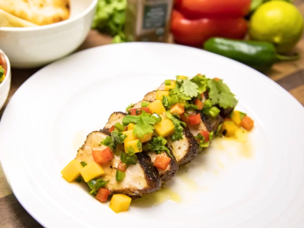 Jerk Chicken on Naan w/ Mango Salsa