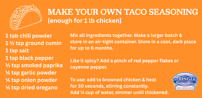 Homemade chicken taco seasoning recipe graphic with spices and instructions, featuring Springer Mountain Farms chicken.