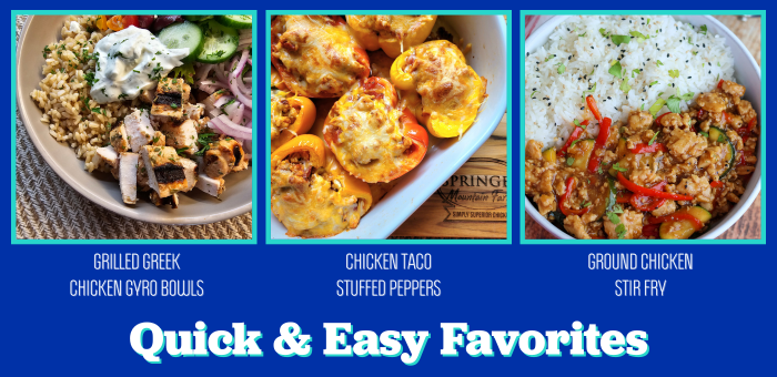 Collage of quick and easy chicken dinners with Grilled Greek Chicken Gyro Bowls, Chicken Taco Stuffed Peppers, and Ground Chicken Stir Fry with vegetables and rice.