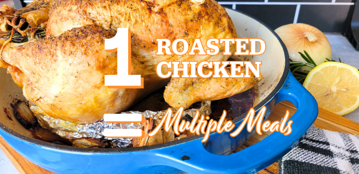Whole roasted chicken in a roasting pan illustrating how one roasted chicken can be used for multiple meals.