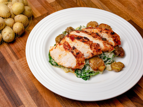 Seared Chicken Breast with Fried New Potatoes and Creamed Spinach