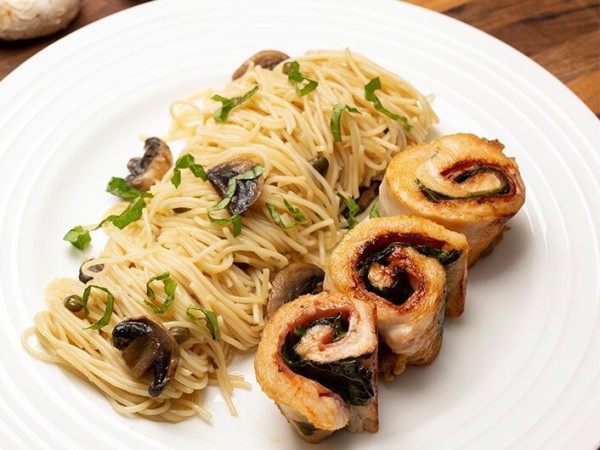 Seared Chicken and Ham Pinwheels with Mushroom Capellini