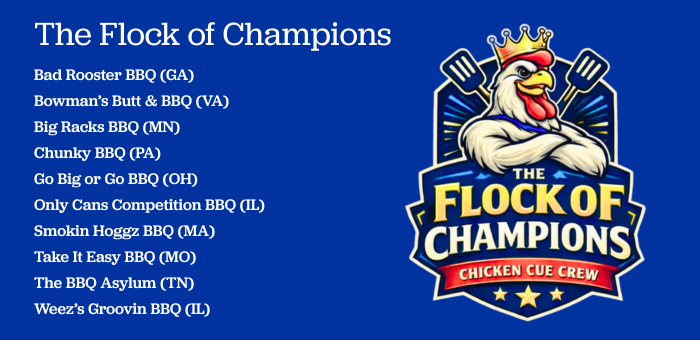 Graphic titled “The Flock of Champions – Springer Mountain Farms Chicken Cue Crew” featuring a crowned rooster logo on a blue background and a list of 10 elite BBQ competition teams, including Bad Rooster BBQ, Bowman’s Butt & BBQ, Big Racks BBQ, Chunky BBQ, Go Big or Go BBQ, Only Cans Competition BBQ, Smokin Hoggz BBQ, Take It Easy BBQ, The BBQ Asylum, and Weez’s Groovin BBQ.