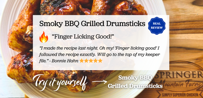 Smoky BBQ grilled chicken drumsticks with a five-star customer review calling the recipe finger licking good
