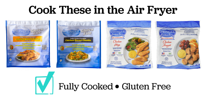 Springer Mountain Farms fully cooked gluten free breaded chicken strips, chunks, fritters, and nuggets for cooking in the air fryer