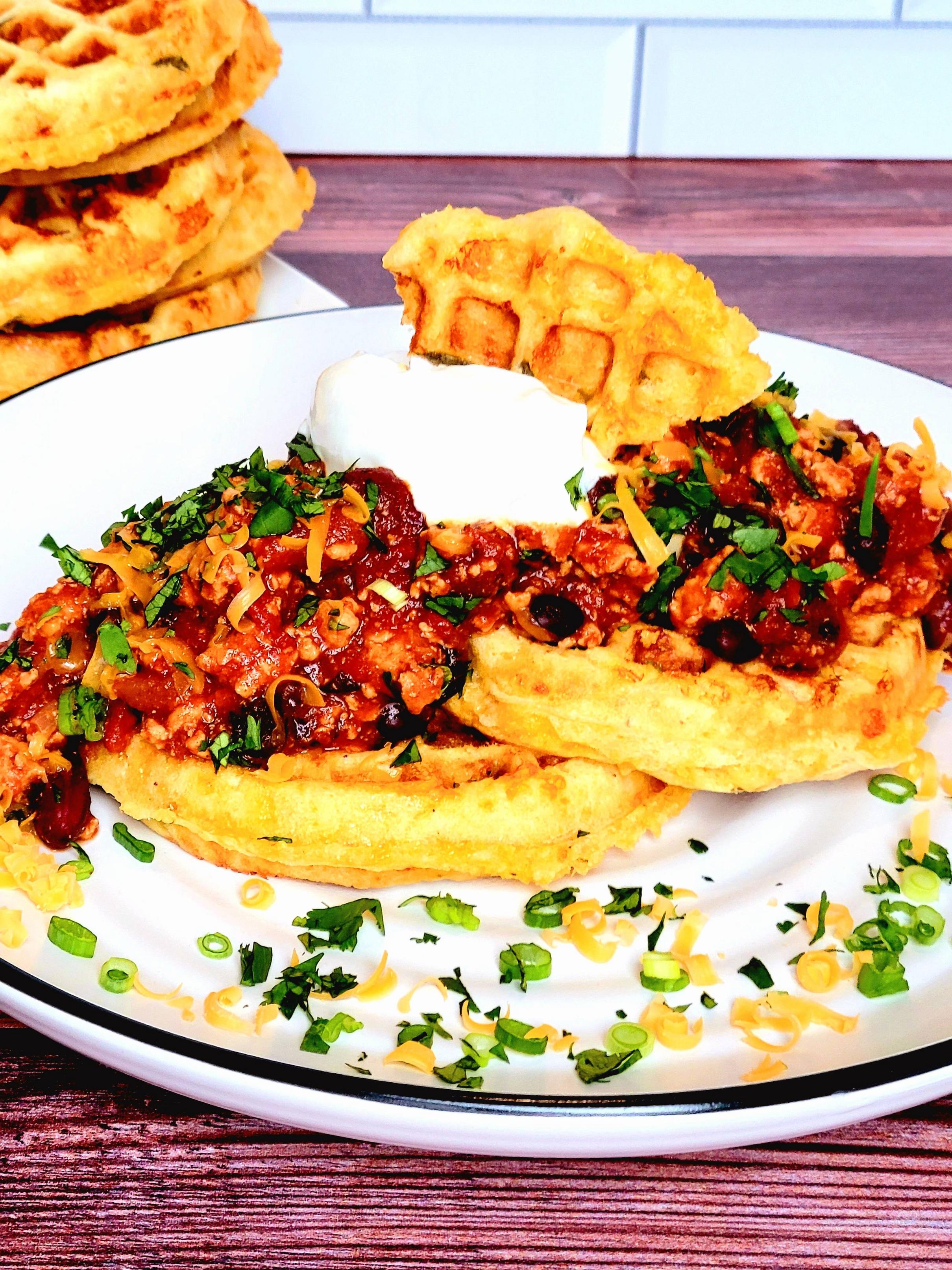 Chicken Chili Over Cheddar Cornbread Waffles