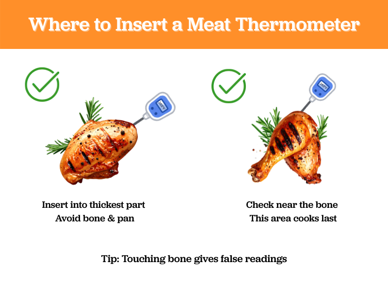 Diagram showing where to insert a meat thermometer in chicken breast, thighs, and drumsticks for accurate internal temperature readings.